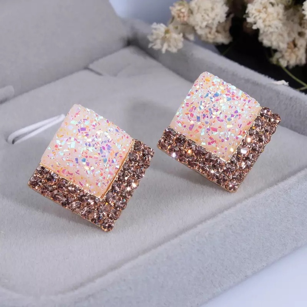 Party Chevron Square Crystal Stud Gold Earrings